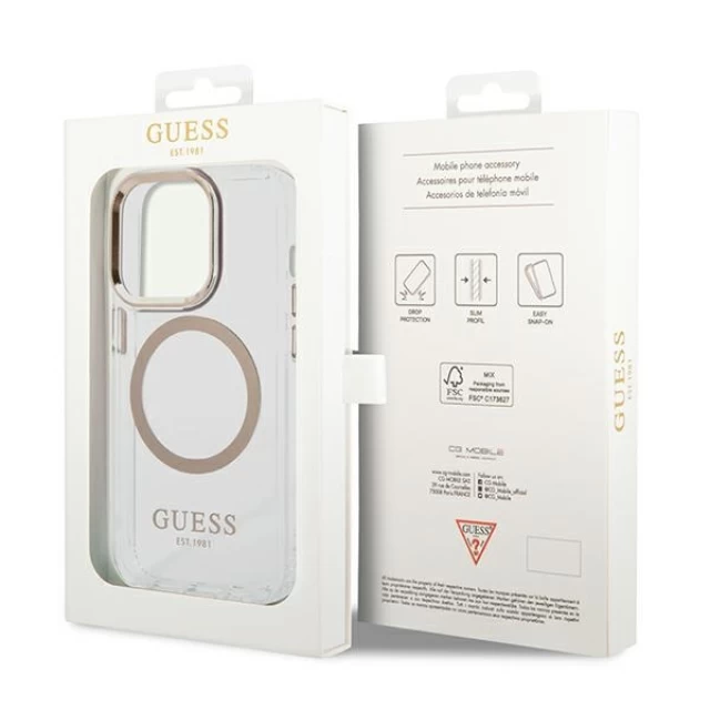 Чехол Guess Metal Outline для iPhone 14 Pro Gold with MagSafe (GUHMP14LHTRMD)
