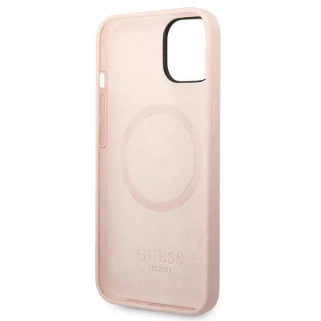 Чехол Guess Silicone Logo Plate для iPhone 14 Pink with MagSafe (GUHMP14SSBPLP)