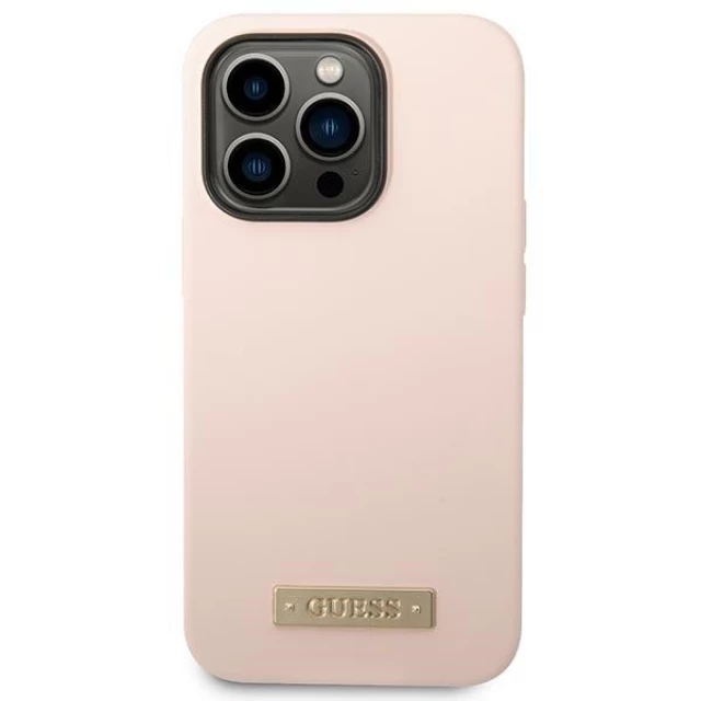 Чехол Guess Silicone Logo Plate для iPhone 14 Pro Pink with MagSafe (GUHMP14LSBPLP)