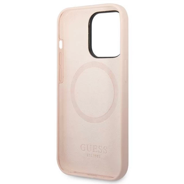 Чохол Guess Silicone Logo Plate для iPhone 14 Pro Pink with MagSafe (GUHMP14LSBPLP)