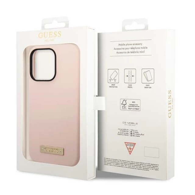 Чохол Guess Silicone Logo Plate для iPhone 14 Pro Pink with MagSafe (GUHMP14LSBPLP)