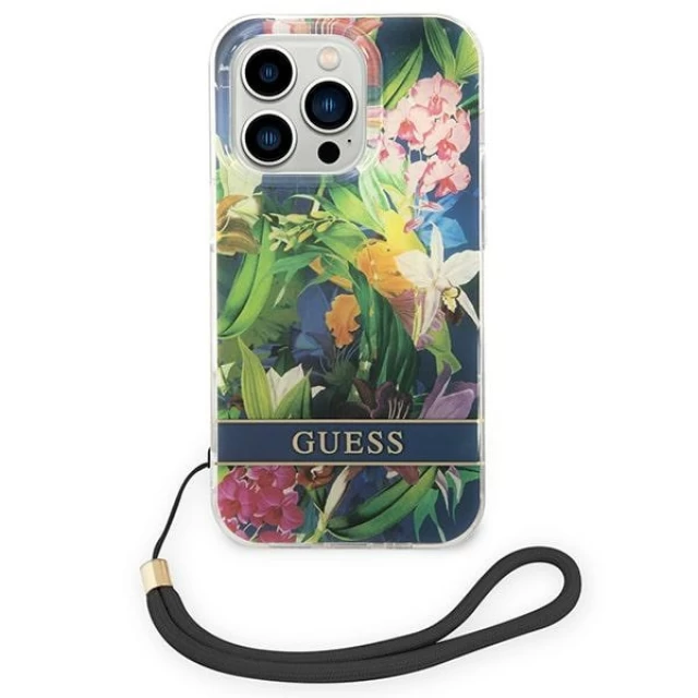 Чохол Guess Flower Strap для iPhone 14 Pro Blue (GUOHCP14LHFLSB)