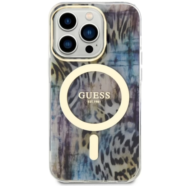 Чехол Guess Leopard для iPhone 14 Pro Blue with MagSafe (GUHMP14LHLEOPWB)