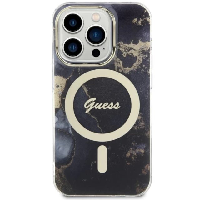 Чехол Guess Golden Marble для iPhone 14 Pro Black with MagSafe (GUHMP14LHTMRSK)