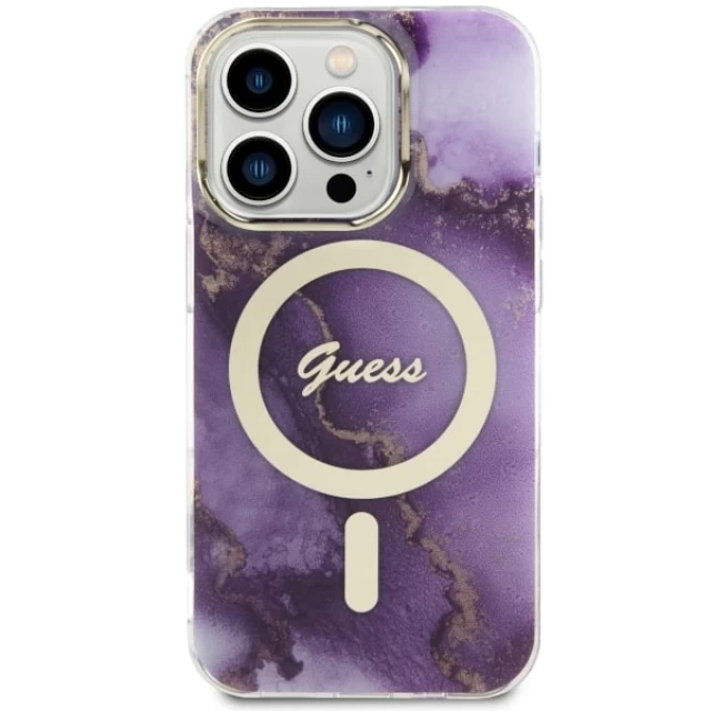 Чохол Guess Golden Marble для iPhone 14 Pro Purple with MagSafe (GUHMP14LHTMRSU)