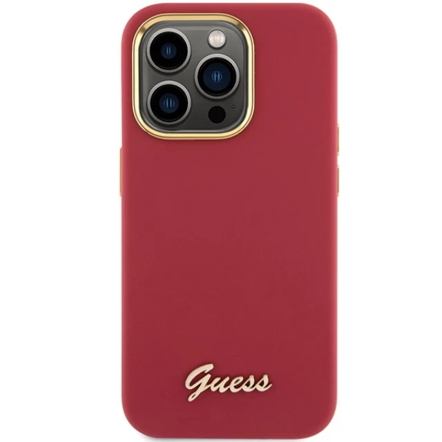 Чохол Guess Silicone Script Metal Logo & Frame для iPhone 15 Pro Max Magenta (GUHCP15XSMBSLM)