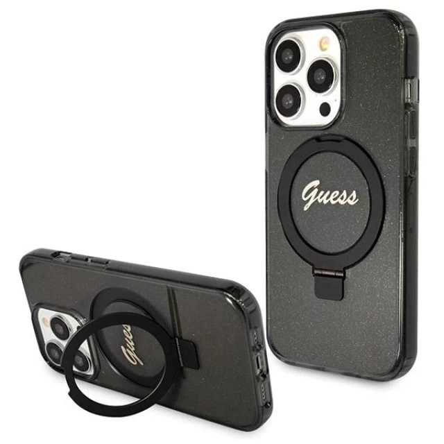 Чехол Guess Ring Stand Script Glitter для iPhone 14 Pro Black with MagSafe (GUHMP14LHRSGSK)