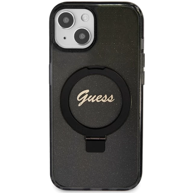 Чехол Guess Ring Stand Script Glitter для iPhone 15 Plus Black with MagSafe (GUHMP15MHRSGSK)