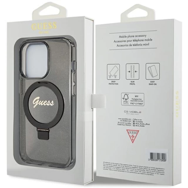 Чехол Guess Ring Stand Script Glitter для iPhone 15 Pro Max Black with MagSafe (GUHMP15XHRSGSK)