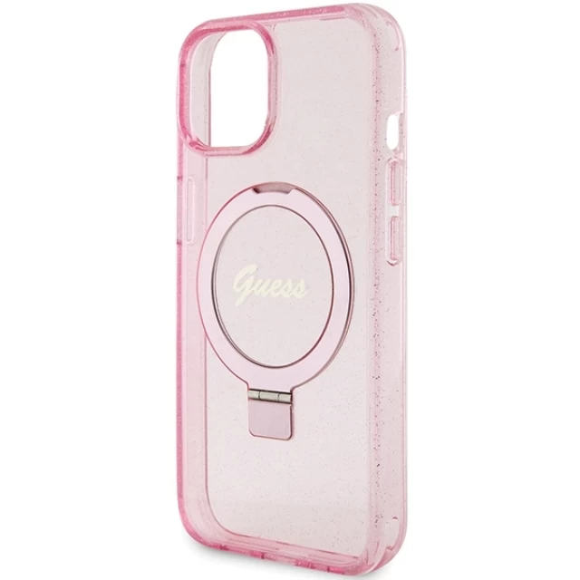 Чохол Guess Ring Stand Script Glitter для iPhone 15 Pink with MagSafe (GUHMP15SHRSGSP)
