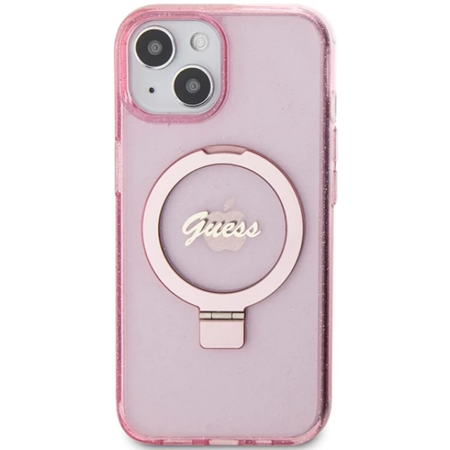 Чехол Guess Ring Stand Script Glitter для iPhone 15 Plus Pink with MagSafe (GUHMP15MHRSGSP)