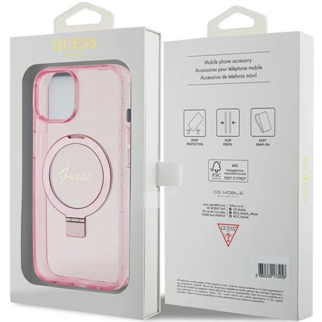 Чехол Guess Ring Stand Script Glitter для iPhone 15 Plus Pink with MagSafe (GUHMP15MHRSGSP)