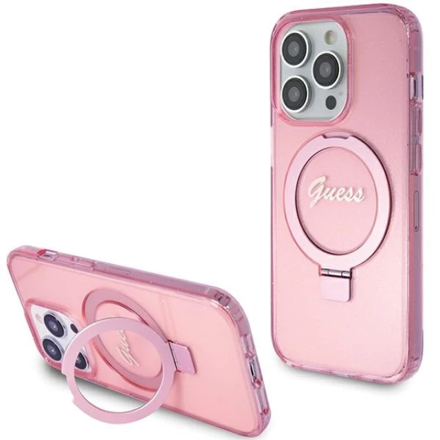 Чохол Guess Ring Stand Script Glitter для iPhone 15 Pro Pink with MagSafe (GUHMP15LHRSGSP)