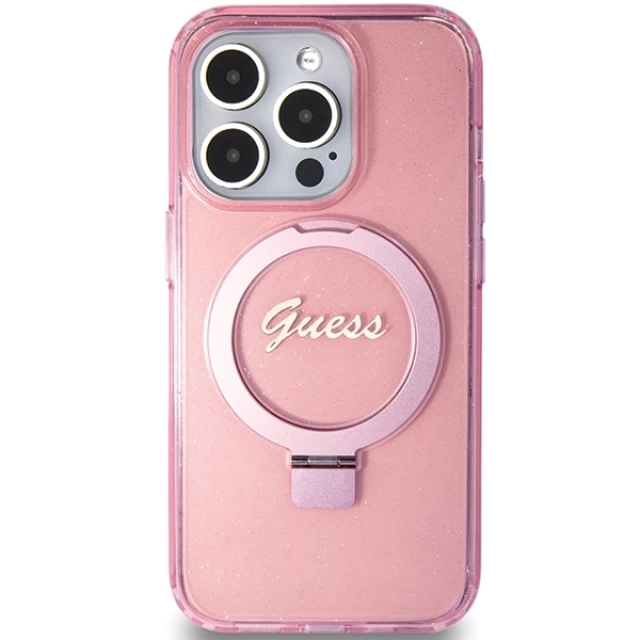 Чохол Guess Ring Stand Script Glitter для iPhone 15 Pro Pink with MagSafe (GUHMP15LHRSGSP)