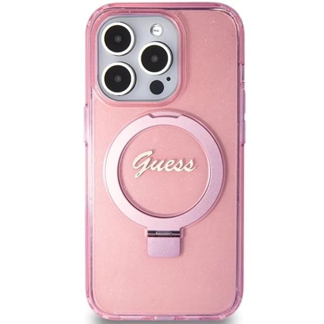 Чехол Guess Ring Stand Script Glitter для iPhone 15 Pro Pink with MagSafe (GUHMP15LHRSGSP)