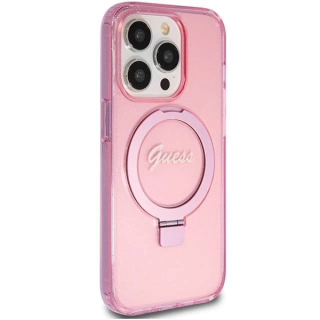 Чехол Guess Ring Stand Script Glitter для iPhone 15 Pro Pink with MagSafe (GUHMP15LHRSGSP)