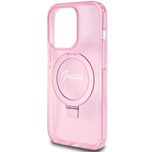 Чехол Guess Ring Stand Script Glitter для iPhone 15 Pro Pink with MagSafe (GUHMP15LHRSGSP)