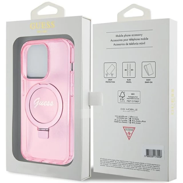 Чехол Guess Ring Stand Script Glitter для iPhone 15 Pro Max Pink with MagSafe (GUHMP15XHRSGSP)