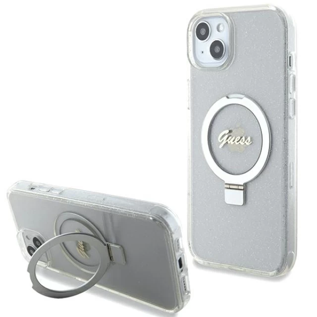 Чохол Guess Ring Stand Script Glitter для iPhone 15 Plus Transparent with MagSafe (GUHMP15MHRSGSD)