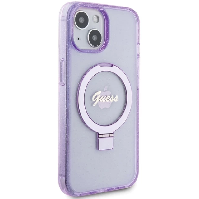 Чохол Guess Ring Stand Script Glitter для iPhone 15 Plus Purple with MagSafe (GUHMP15MHRSGSU)
