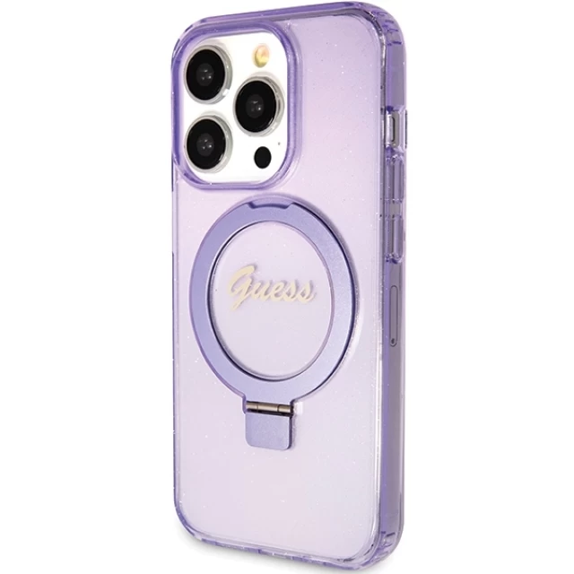 Чехол Guess Ring Stand Script Glitter для iPhone 15 Pro Purple with MagSafe (GUHMP15LHRSGSU)