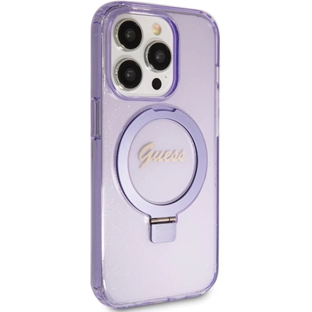 Чехол Guess Ring Stand Script Glitter для iPhone 15 Pro Purple with MagSafe (GUHMP15LHRSGSU)
