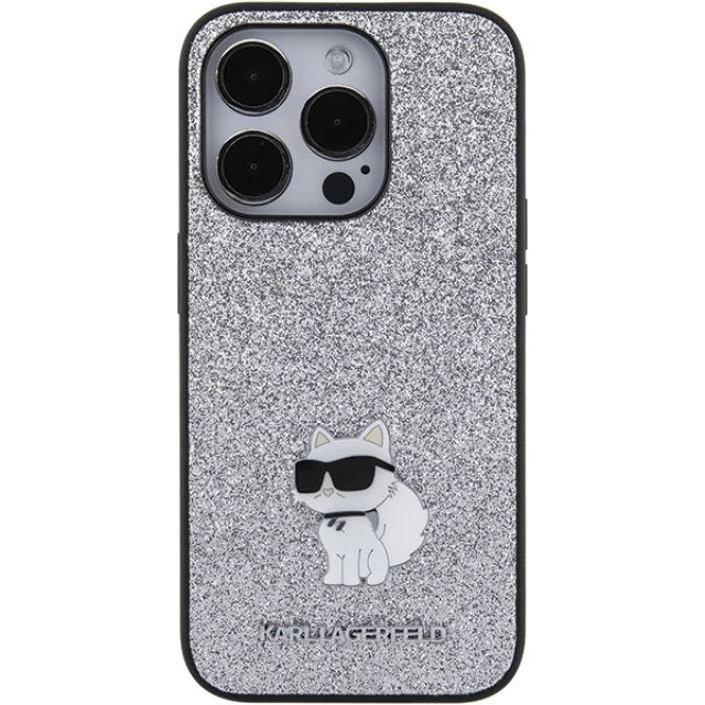 Чохол Karl Lagerfeld Fixed Glitter Choupette Logo Metal Pin для iPhone 15 Pro Silver (KLHCP15LGCNPSG)
