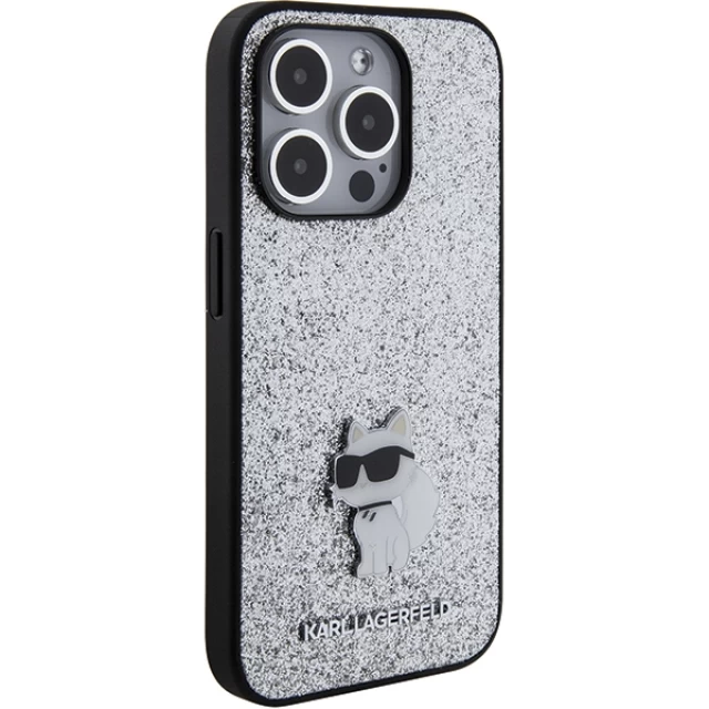 Чохол Karl Lagerfeld Fixed Glitter Choupette Logo Metal Pin для iPhone 15 Pro Silver (KLHCP15LGCNPSG)