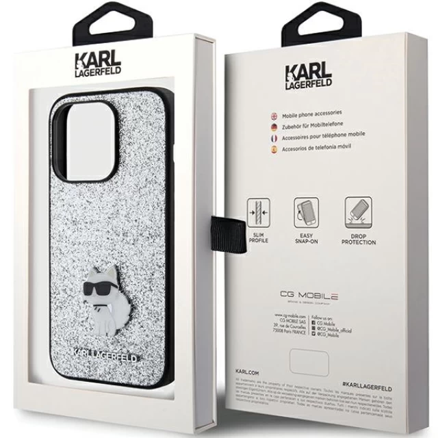 Чехол Karl Lagerfeld Fixed Glitter Choupette Logo Metal Pin для iPhone 15 Pro Silver (KLHCP15LGCNPSG)