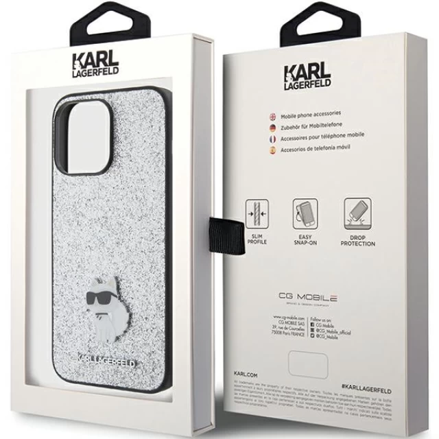 Чохол Karl Lagerfeld Fixed Glitter Choupette Logo Metal Pin для iPhone 15 Pro Max Silver (KLHCP15XGCNPSG)