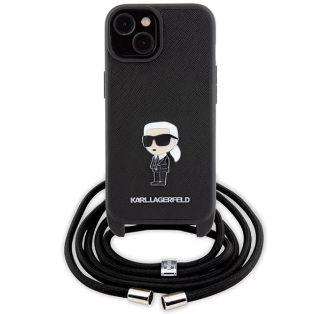 Чехол Karl Lagerfeld Crossbody Saffiano Monogram Metal Pin Karl & Choupette для iPhone 15 Black (KLHCP15SSASKNPSK)