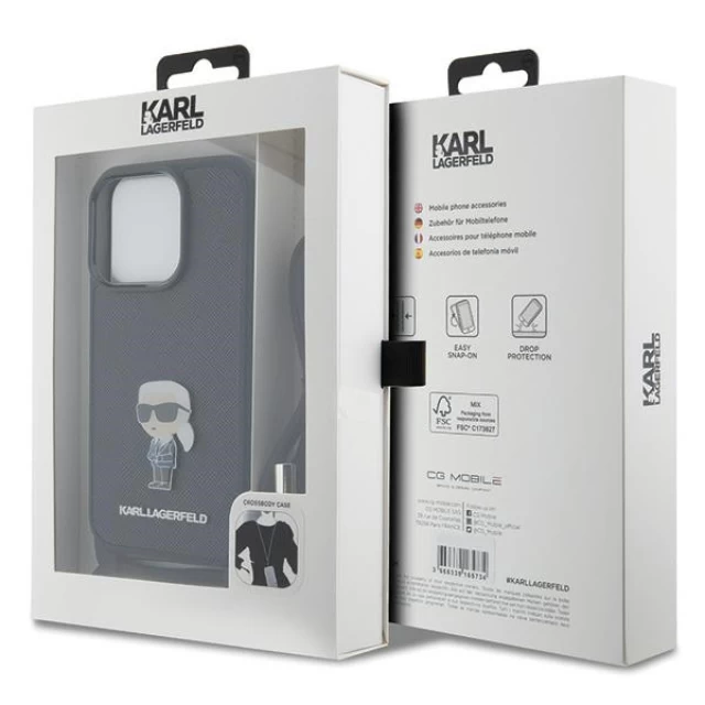Чехол Karl Lagerfeld Crossbody Saffiano Monogram Metal Pin Karl & Choupette для iPhone 15 Pro Black (KLHCP15LSASKNPSK)