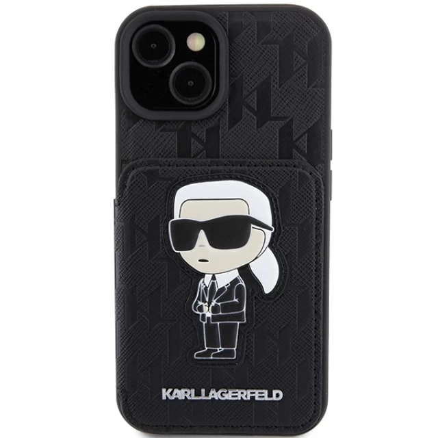 Чехол Karl Lagerfeld Saffiano Cardslots and Stand Monogram Ikonik Patch для iPhone 15 Black (KLHCP15SSAKKNSCK)