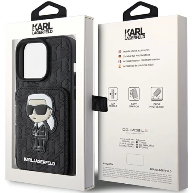 Чехол Karl Lagerfeld Saffiano Cardslots and Stand Monogram Ikonik Patch для iPhone 15 Pro Black (KLHCP15LSAKKNSCK)