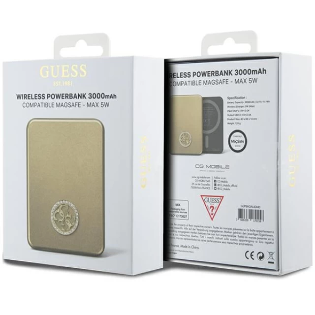 Портативное зарядное устройство Guess 4G Strassed Metal Logo 3000mAh 5W Gold with MagSafe (GUPBM3AL4DMD)