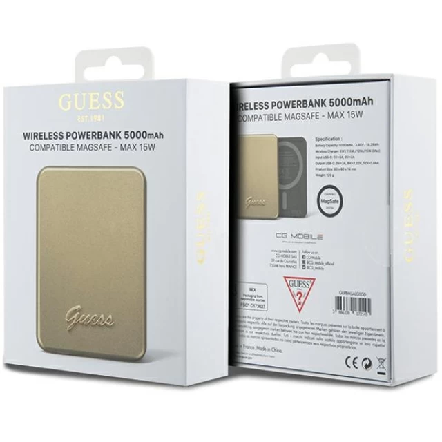 Портативний зарядний пристрій Guess Metal Script Logo 5000mAh 15W Gold with MagSafe (GUPBM5ALGSGD)