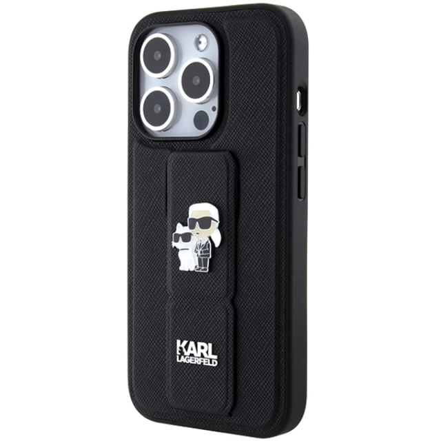 Чохол Karl Lagerfeld Gripstand Saffiano Karl & Choupette Pins для iPhone 15 Pro Black (KLHCP15LGSAKCPK)