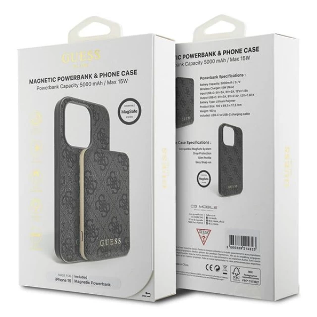 Чехол Guess 4G Metal Logo Hardcase and Powerbank 5000mAh для iPhone 15 Black with MagSafe (GUBPM5P15S4GEMGK)