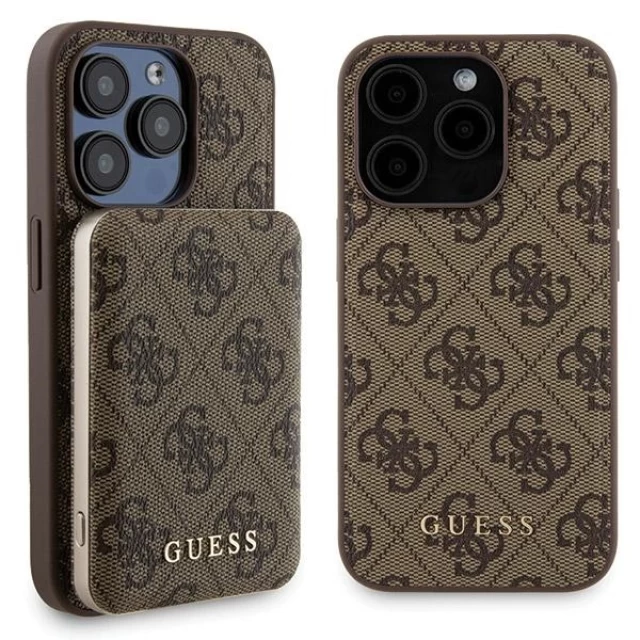 Чехол Guess 4G Metal Logo Hardcase and Powerbank 5000mAh для iPhone 15 Pro Max Brown with MagSafe (GUBPM5P15X4GEMGW)