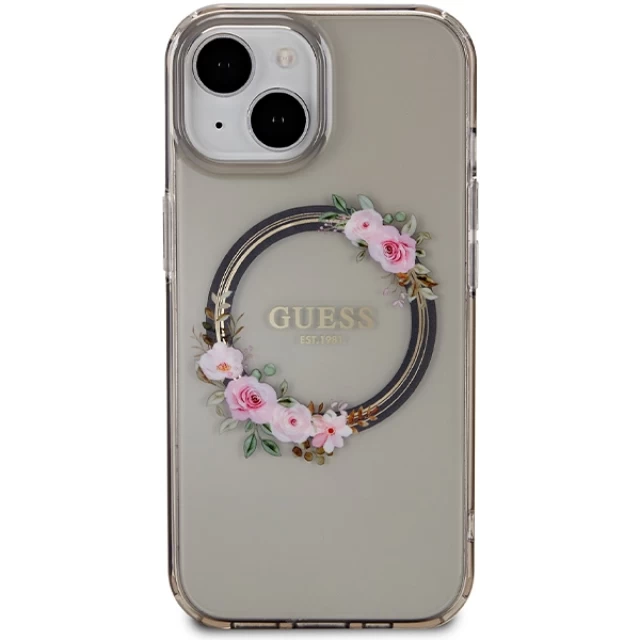 Чехол Guess IML Flowers Wreatch для iPhone 15 Black with MagSafe (GUHMP15SHFWFCK)