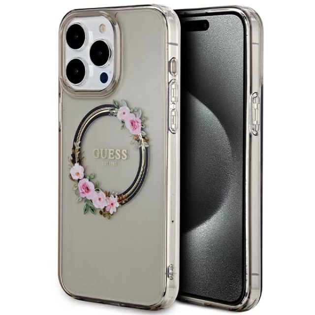 Чохол Guess IML Flowers Wreatch для iPhone 15 Pro Max Black with MagSafe (GUHMP15XHFWFCK)