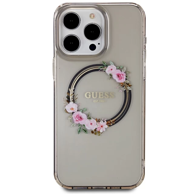 Чохол Guess IML Flowers Wreatch для iPhone 15 Pro Max Black with MagSafe (GUHMP15XHFWFCK)