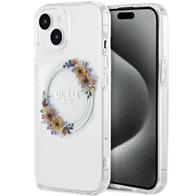 Чохол Guess IML Flowers Wreatch для iPhone 15 | 14 | 13 Transparent with MagSafe (GUHMP15SHFWFCT)