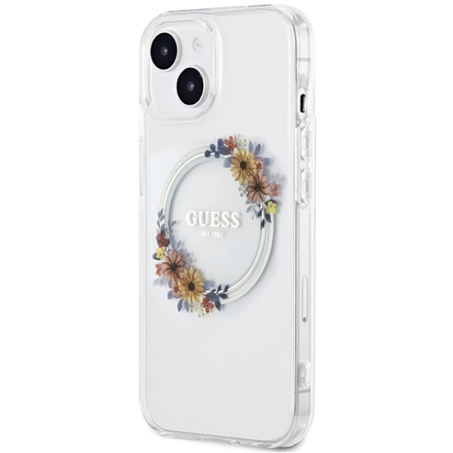 Чохол Guess IML Flowers Wreatch для iPhone 15 | 14 | 13 Transparent with MagSafe (GUHMP15SHFWFCT)