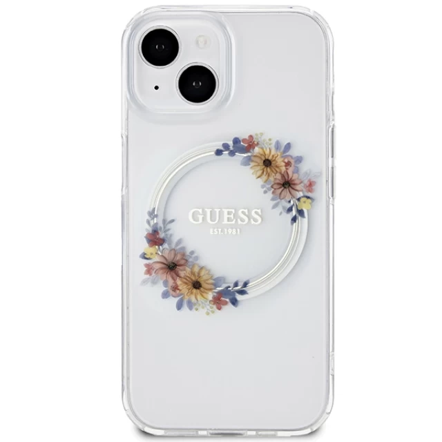 Чохол Guess IML Flowers Wreatch для iPhone 15 | 14 | 13 Transparent with MagSafe (GUHMP15SHFWFCT)