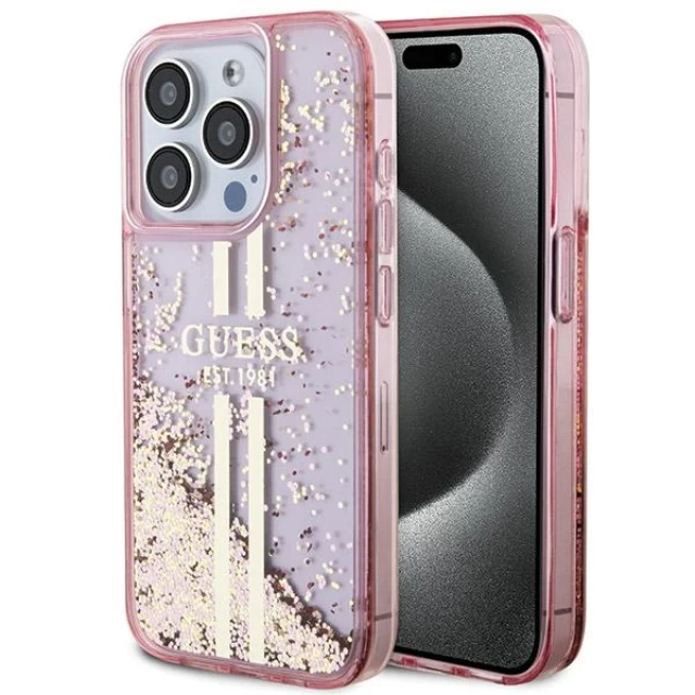 Чехол Guess Liquid Glitter Gold Stripes для iPhone 15 Pro Pink (GUHCP15LLFCSEGP)