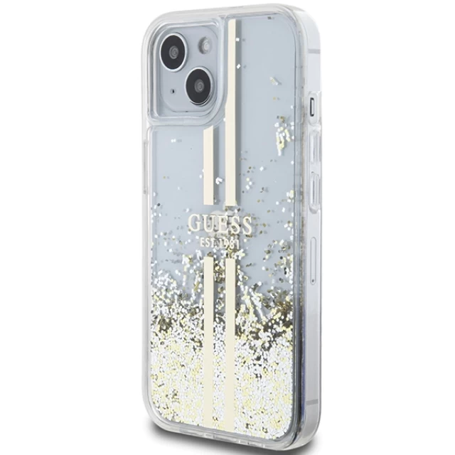 Чехол Guess Liquid Glitter Gold Stripes для iPhone 15 Plus | 14 Plus Transparent (GUHCP15MLFCSEGT)