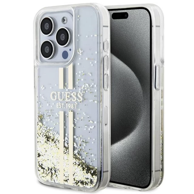 Чехол Guess Liquid Glitter Gold Stripes для iPhone 15 Pro Transparent (GUHCP15LLFCSEGT)