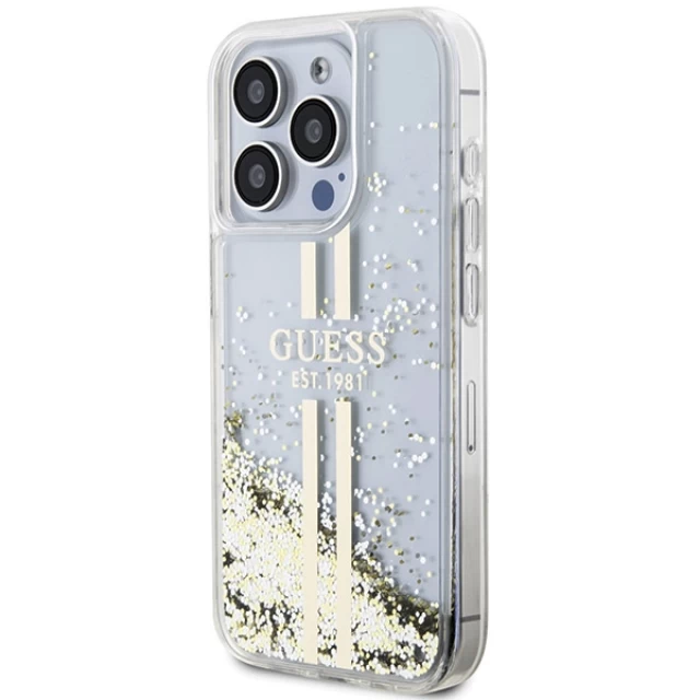 Чехол Guess Liquid Glitter Gold Stripes для iPhone 15 Pro Transparent (GUHCP15LLFCSEGT)