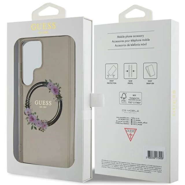 Чехол Guess IML Flowers Wreath для Samsung Galaxy S24 Ultra (S928) Black with MagSafe (GUHMS24LHFWFCK)